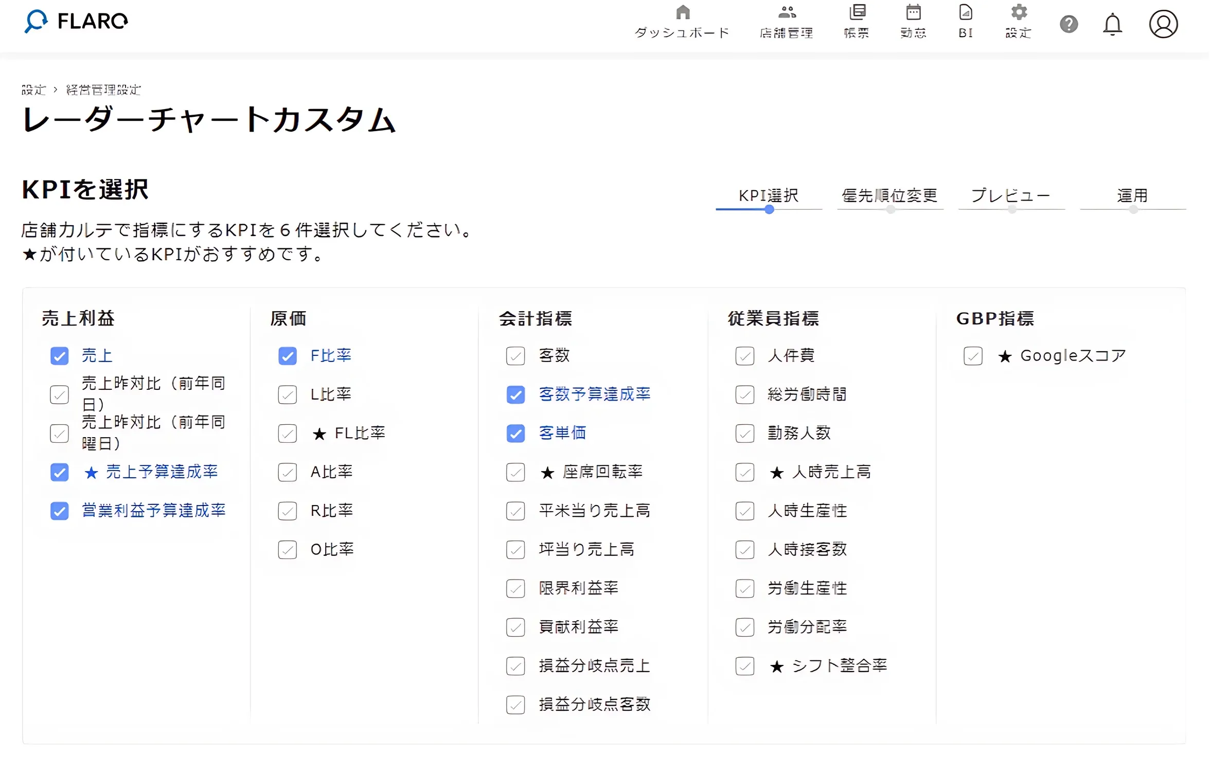 FLAROのレーダーチャートカスタム画面（店舗スコアリングのKPI選択）