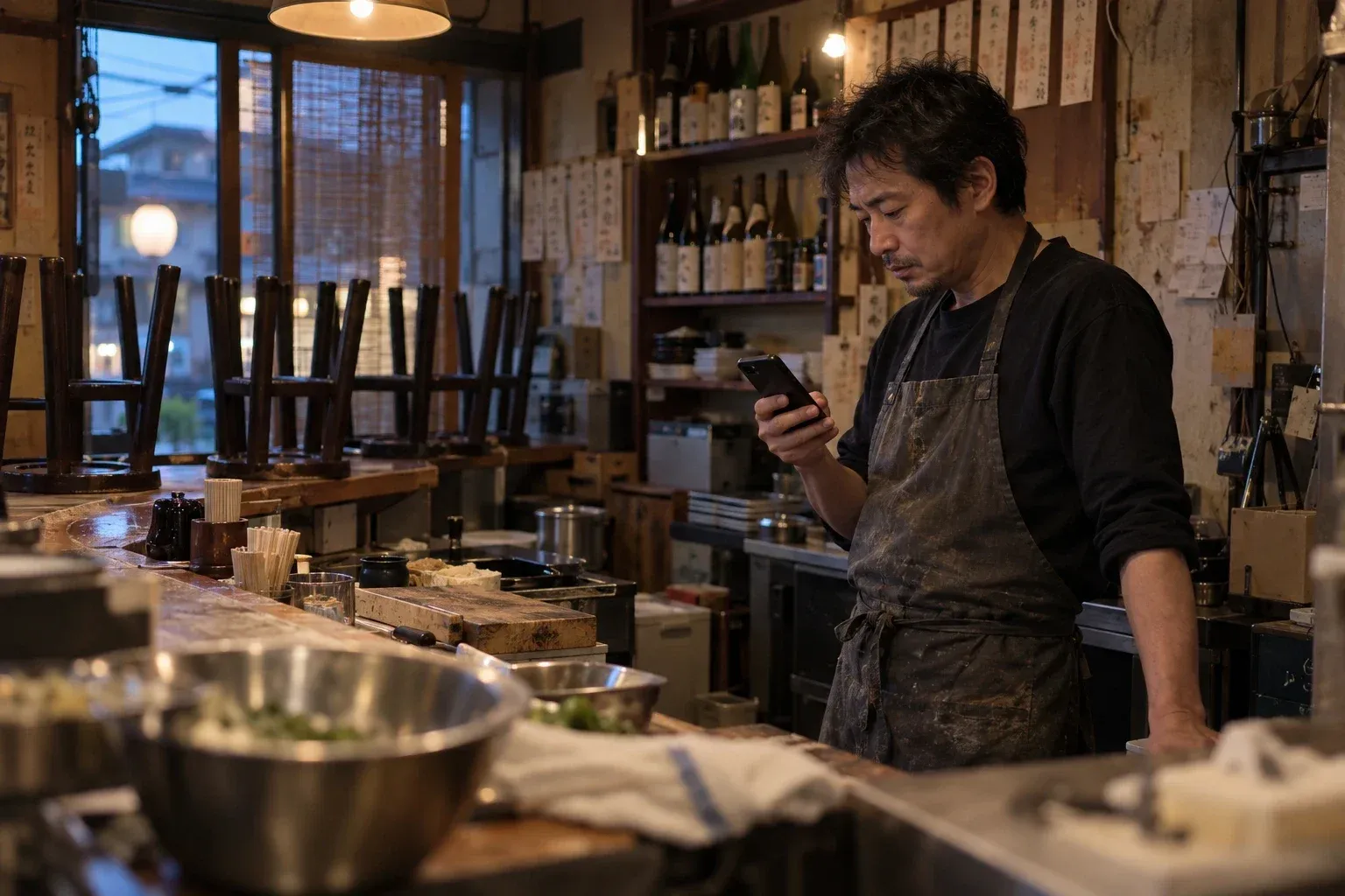開店前の居酒屋で、店主がスマートフォンを見ている